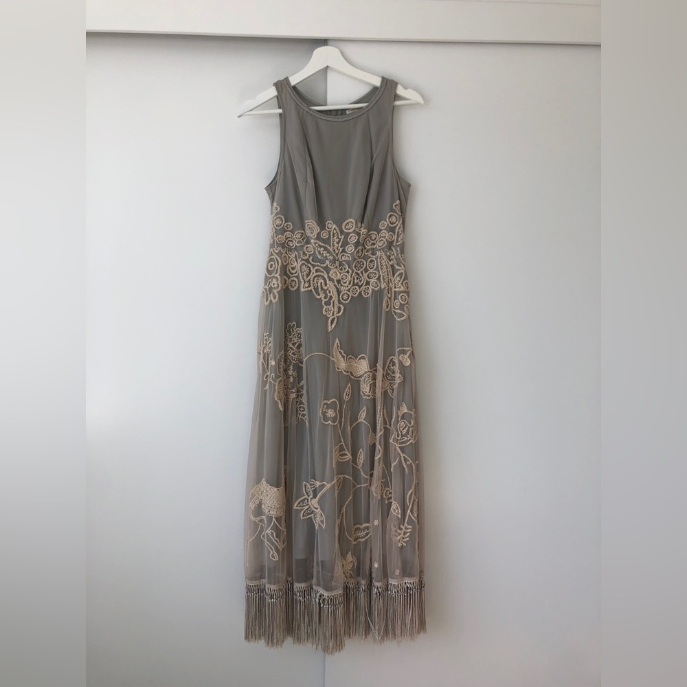 Anthro Leifsdottir Embroidered Dress Fringe Dusty Blue and Cream
